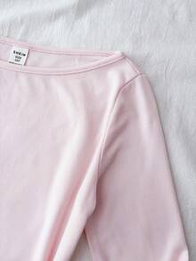 青少年女孩 T-Shirt 秋冬新款 粉色純色針織休閒修身百搭長袖上衣 - 粉色 - 查看 4