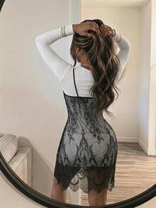 SHEIN SXY Robe 2 en 1 avec patchwork de dentelle - Noir et Blanc - Voir 3