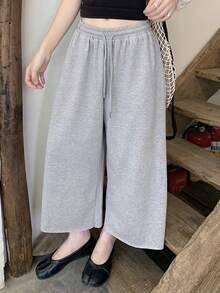 DAZY Solid Color Loose Cropped Pants Elastic Waist Casual Vacation Summer Women's Sweatpants School - Grey - View 6