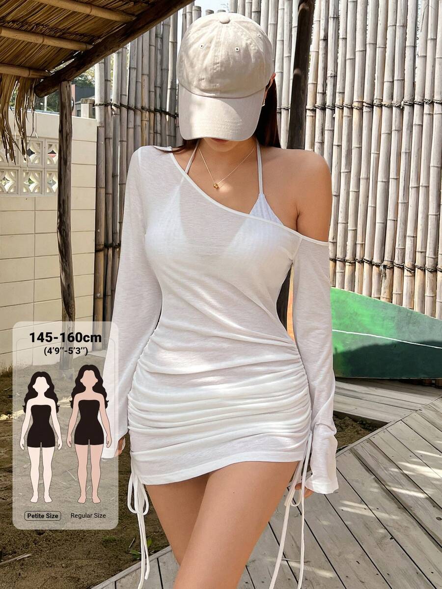 DAZY 女款韓式不對稱肩度假長袖T恤泳裝外罩衫(小碼) - 白色 - 查看 1