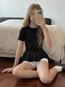DAZY 青少年女孩夏季休閒百搭純色短袖T恤 - 黑色 - 查看 7