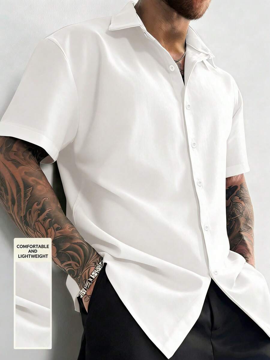 Manfinity Dauomo Men's Solid Color Front Button Casual Versatile Short Sleeve Shirt - White - View 1