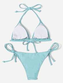 Swim Vcay Women's Vacation Pleated Solid Color Halter Tie Sexy Bikini Two-Piece Swimsuit Set - Baby Blue - View 2