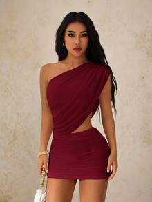 SHEIN PETITE 女款迷你純色不對稱領洋裝，時尚夏季派對洋裝 - 酒紅色 - 查看 3