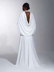 Elitara Elegant Women's Minimalist White Halter Neck Stand Collar Backless Floor-Length Mermaid Formal Evening Gown For Wedding Party - White - View 2