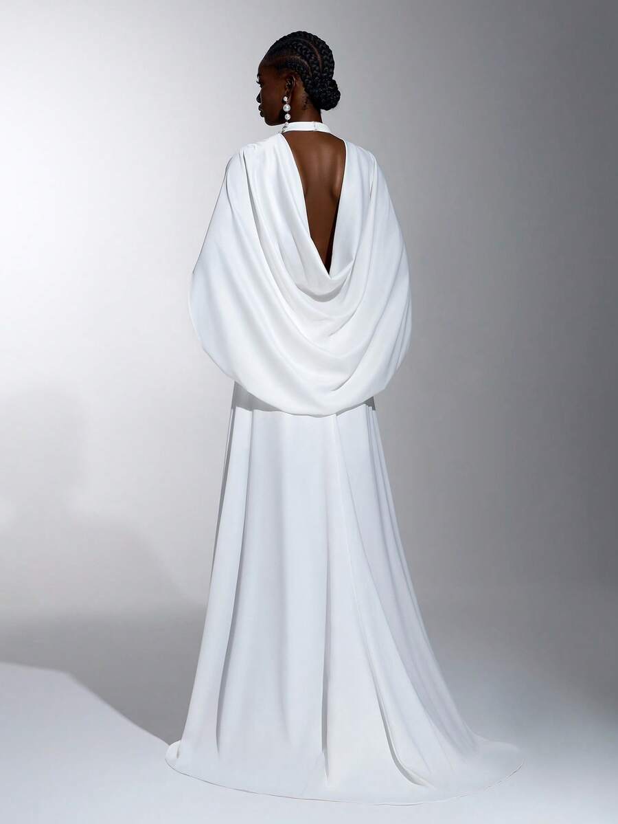 Elitara Elegant Women's Minimalist White Halter Neck Stand Collar Backless Floor-Length Mermaid Formal Evening Gown For Wedding Party