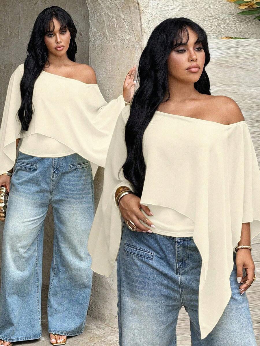 Rustia Plus Size Women's Solid Color Asymmetrical Shoulder Casual Versatile Everyday T-Shirt - Apricot - View 1
