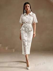 Anewsta 女士纹理白色蕾丝镂空经典衬衫裙适合节日派对服装长款女士服装 - 白色 - 查看 3