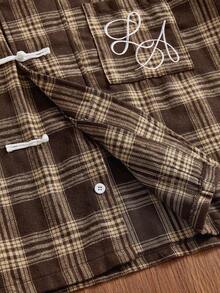 SWAVVY Men's Letter Embroidered Front Button Casual Short Sleeve Shirt - Brown - View 5