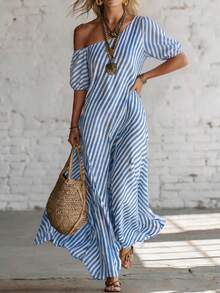 SHEIN Holidaya Spring Summer Blue White Striped One-Shoulder Maxi Dress French Summer Beach Dress - Blue - View 3