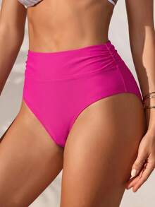 Swim Basics 女款素色休閒簡約三角比基尼泳褲，度假海灘泳裝 - 玫紅色 - 查看 4