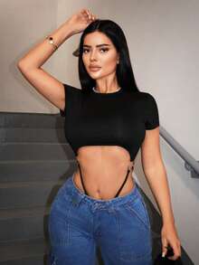SHEIN SXY 大尺碼時尚性感純色鏤空連身衣 - 黑色 - 查看 4