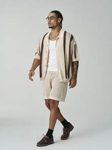 ÉpureWay Men's Striped Pattern Button Front Short Sleeve Top And Shorts Knit Sweater Set Men Crochet Short Set Men Stripe Button Up Shirt Shorts Set - Multicolor - View 6