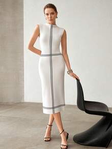 MOTF PREMIUM WOMEN'S ELEGANT CONTRAST TRIM SLIT SWEATER DRESS - White - View 8