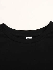 SHEIN Teen Girl Teen Girls Knit Black Patchwork Lace Trim Round Neck Loose Casual Short Sleeve Dress - Black - View 5