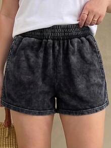 SHEIN 2026 New Tween Girls' Denim Shorts, Summer Fashion Casual Style. Grey Acid Wash, Elastic Waistband With Slit Hem Design, Straight Loose Fit. - Black - View 1