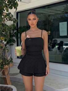 Sirith Jumpsuit Tanpa Lengan Wanita Warna Hitam dengan Tekstur Berkerut - Hitam - View 1