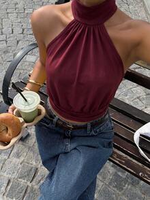 Muchica Wine Red Knit Halter Neck Women's Top - Burgundy - View 5