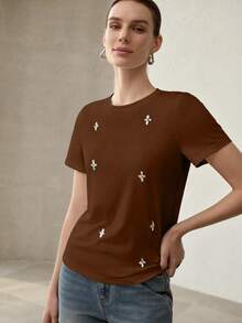 MOTF PREMIUM RHINESTONE DETAIL SHORT SLEEVE T-SHIRT - Mocha Brown - View 5