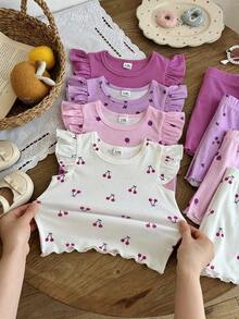 SHEIN 8件組/女嬰0-3歲粉色夏季可愛家庭套裝 純色針織不對稱羅紋短袖背心上衣與短褲套裝 - 彩色 - 查看 5
