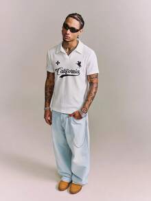 CRAVYNX Men's Summer Casual Fashion Daily Commute Letter Print Textured Fabric Dropped Shoulder Loose Fit Polo Shirt - White - View 3
