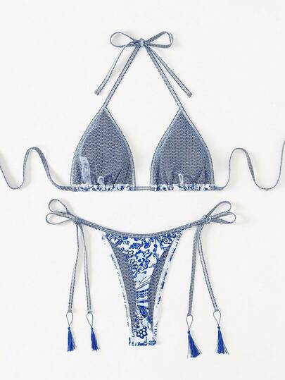 SHEIN Swim 佩斯利印花两件套比基尼套装，夏日海滩