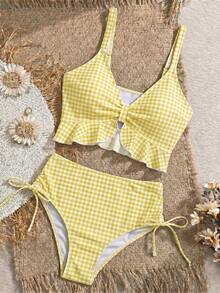 Swim Mod Women's Summer Beach Holiday Plaid Ruffle Trim Tank Bikini - Pale Yellow - View 4