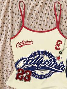 青少年女孩數位英文圖案細肩帶背心上衣，春夏休閒舒適時尚風格，適合外出、戶外運動圖案設計，完美適用於戶外野餐、街頭攝影、居家、校園、節慶、禮物、日常穿著，極簡美式風格女孩款 - 彩色 - 查看 4