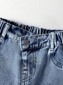 SHEIN Elladie kids 女童牛仔長褲，四季新款，時尚休閒，復古中藍色牛仔，彈性腰帶不對稱設計，後口袋蝴蝶結刺繡圖案，時尚直筒版型，柔軟舒適面料，日常百搭時尚風格，春/秋新款女童牛仔長褲 - 中等水洗藍 - 查看 5