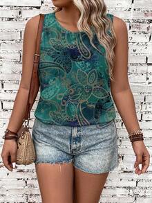 SHEIN VCAY Plus Size Casual Retro Cashew Pattern Print Tank Top Suitable For Summer - Multicolor - View 3