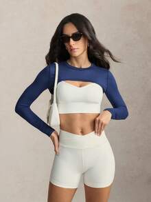 Activina Solid Color Crew Neck Tight Cropped Long Sleeve Athletic T-Shirt - Blue - View 7