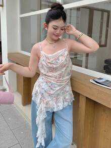 Dazy Plus Floral Contrast Lace Ruffle Hem Contrast Lace Hot Girl Plus Size Women's Camisole Top Summer Graphic Tees Cute Tops Vacation - Pink - View 4