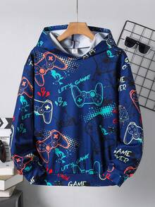 SHEIN 兒童男童電玩印花冬季長袖套頭衛衣，秋季服飾 - 黑色 - 查看 3