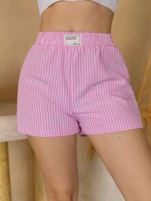 Andrea Bello Shorts de cintura elástica con decoración de letras y rayas rosas & blancas para mujer, verano - Rosa - Ver 3