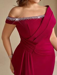Coutiva Plus Size Women's Rhinestone Decorated Asymmetric Neck Elegant Formal Evening Gown (Heavy Embellished Style) - Burgundy - View 6