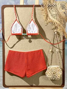 Swim SXY 夏季新款焦糖色紋理布料海洋海星裝飾掛脖綁帶沙灘度假女款兩件式泳衣套裝附直筒長褲 - 鏽棕色 - 查看 3