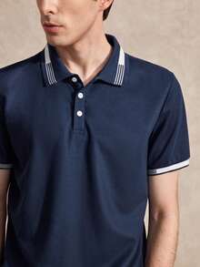 Courvante 男士夏季條紋短袖休閒通勤 Polo 正裝襯衫，儀式適用 - 寶藍色 - 查看 5