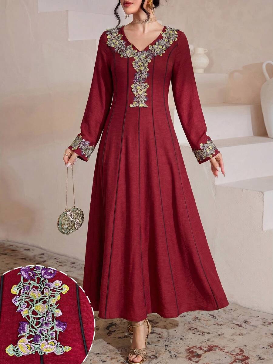 Al Najma 刺繡蕾絲飾邊拼接優雅時尚長袖保守風洋裝 - 酒紅色 - 查看 1
