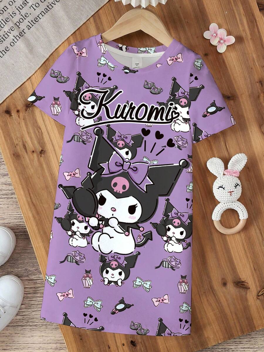 HELLO KITTY AND FRIENDS | SHEIN 女童字母與卡通印花短袖洋裝 - 白色 - 查看 1