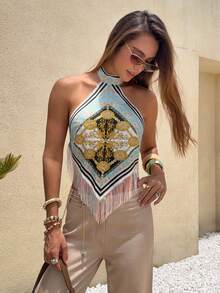 SHEIN Unity 巴洛克印花掛脖流蘇流蘇短版背心上衣 夏季海邊度假海灘夜店泳池派對 絲滑彈性梭織 全白性感 - 彩色 - 查看 6