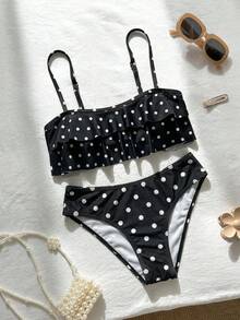 Swim Mod 花卉蕾絲可愛甜美復古休閒度假海灘海邊女款泳衣套裝 - 黑與白 - 查看 5