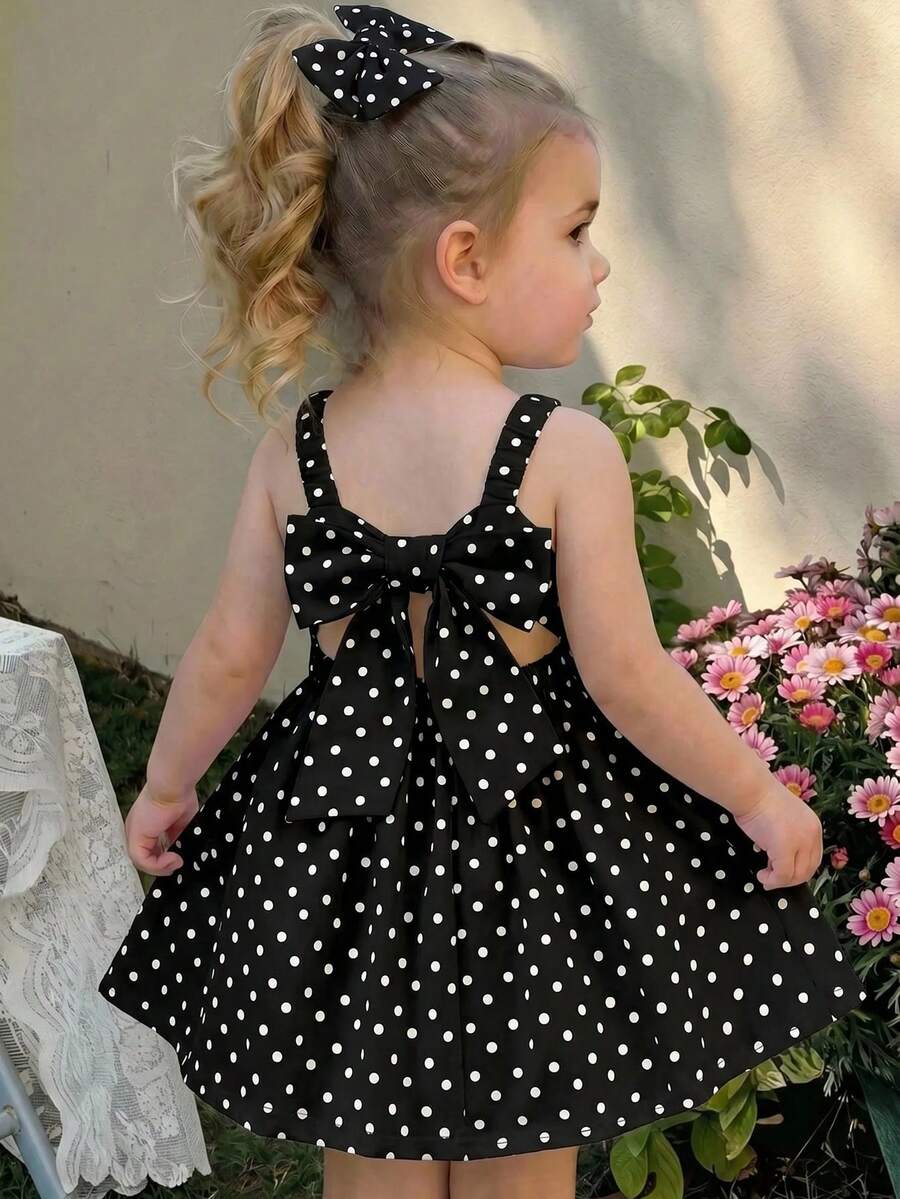 LMoss Kids 女嬰夏季可愛波點圖案寬鬆細肩帶洋裝 - 黑色 - 查看 1