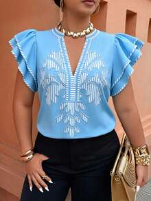 Weeklong Spring/Summer Women's Plus Size Printed Ruffle Loose Top, Casual Elegant Vacation Blouse Formal Evening Blue - Multicolor - View 5