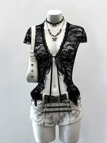 EgrlEra Women's Sexy Sheer Cropped White Top - Black - View 7