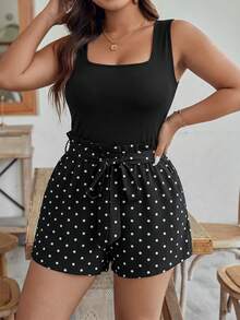 SHEIN Frenchy 两件套休闲简约浪漫复古波点印花大码女式黑色背心+短裤套装，适合夏季、黑色系穿搭、度假。 - 彩色 - 查看 4