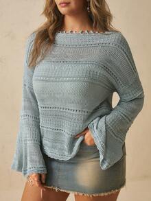 Freevana Plus Size Solid Color Boat Neck Knit Loose Bell Sleeve Top Suitable For Daily Wear Vacation Dusty Blue Autumn Traditional Fall Winter 2026 - Mint Blue - View 10