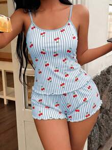 SHEIN Women's Striped Cherry Print Cami & Shorts Pajama Set - Multicolor - View 5