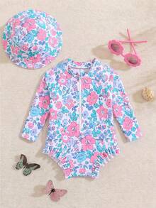 SHEIN Newborn Baby Girl Cute Floral Pattern Ruffle Long Sleeve One-Piece Swimsuit (Hat Not Included) - Pink - View 4