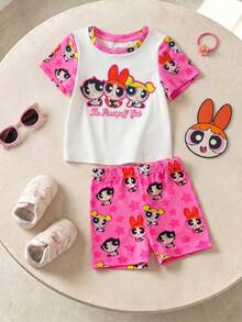THE POWERPUFF GIRLS X SHEIN 女嬰卡通印花T恤短褲套裝 - 粉色 - 查看 3