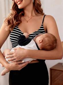 SHEIN 孕妇休闲条纹无袖哺乳上衣，夏季休闲条纹背心黑色露脐上衣女士时尚上衣性感露脐上衣 - 黑與白 - 查看 3